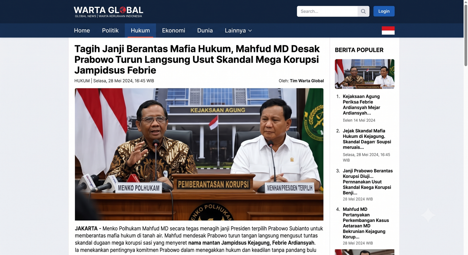 Tagih Janji Berantas Mafia Hukum, Mahfud MD Desak Prabowo Turun Langsung Usut Skandal Mega Korupsi Eks Jampidsus Febrie