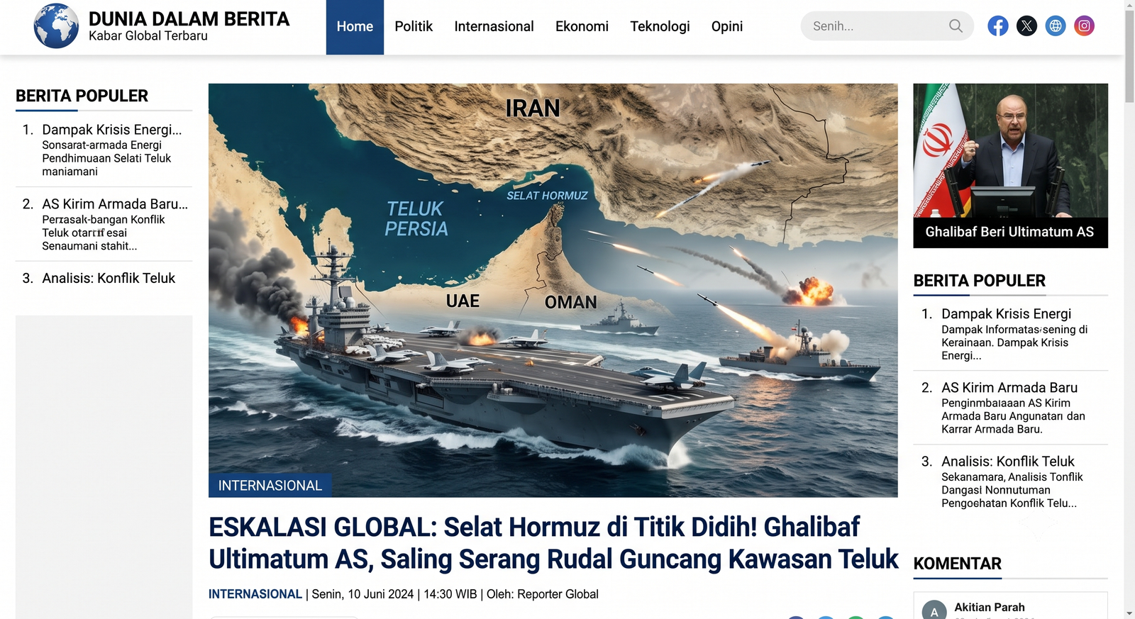 ESKALASI GLOBAL: Selat Hormuz di Titik Didih! Ghalibaf Ultimatum AS, Saling Serang Rudal Guncang Kawasan Teluk