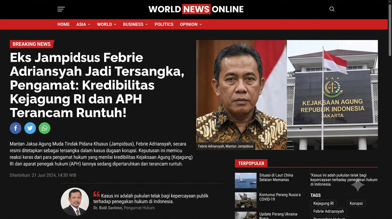 Eks Jampidsus Febrie Adriansyah Jadi Tersangka, Pengamat: Kredibilitas Kejagung RI dan APH Terancam Runtuh!
