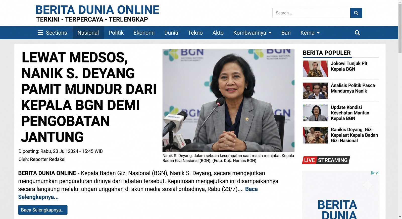 LEWAT MEDSOS, NANIK S. DEYANG PAMIT MUNDUR DARI KEPALA BGN DEMI PENGOBATAN JANTUNG