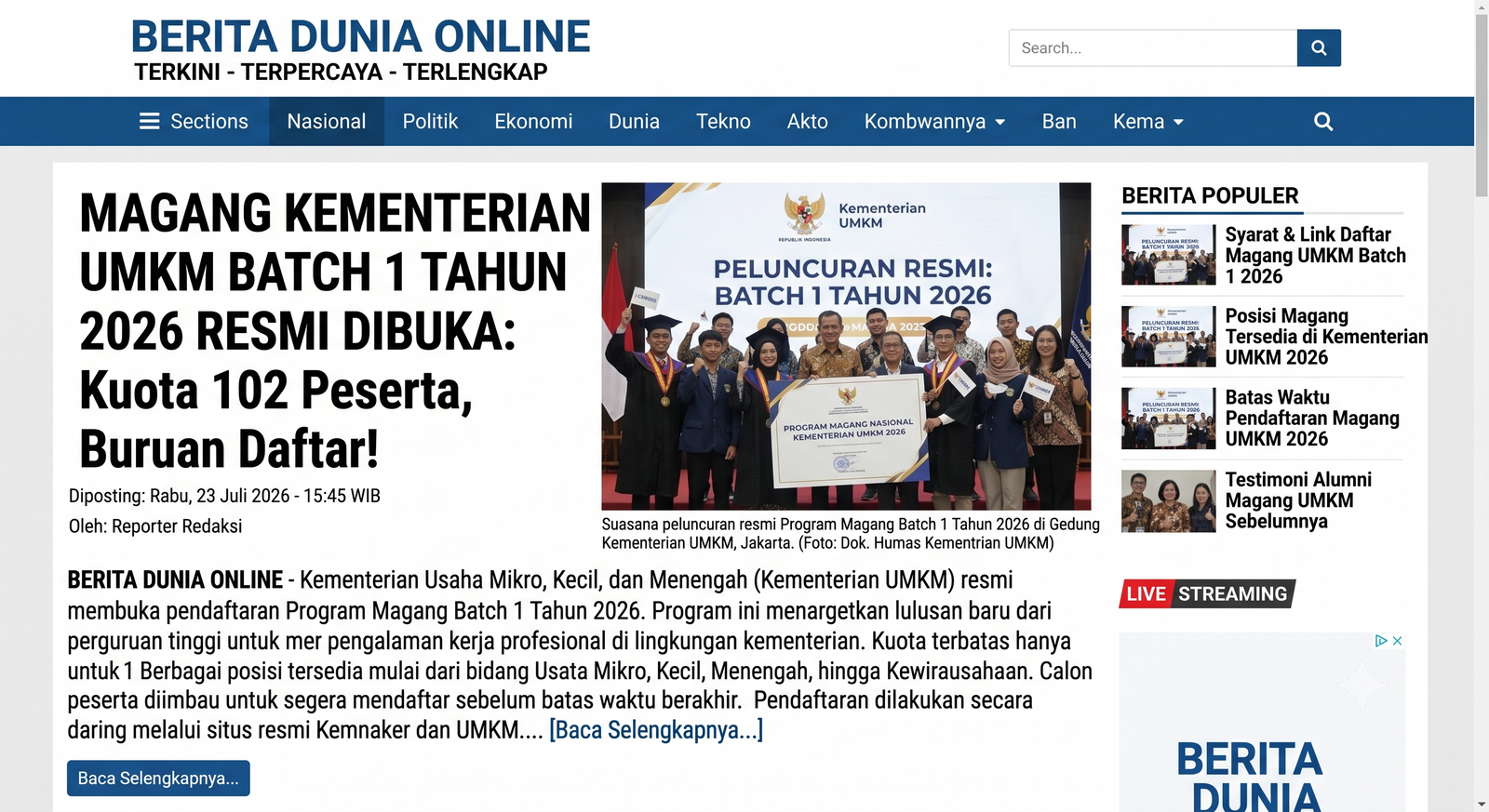 MAGANG KEMENTERIAN UMKM BATCH 1 TAHUN 2026 RESMI DIBUKA: Kuota 102 Peserta, Buruan Daftar!